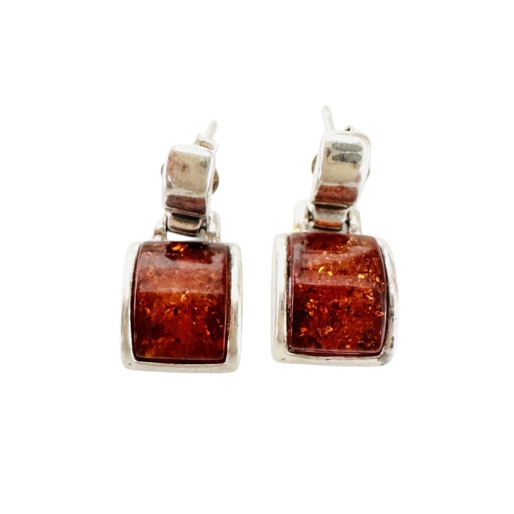 Silver .925 and Baltic Amber Modernist Drop Earrings with Makers Mark